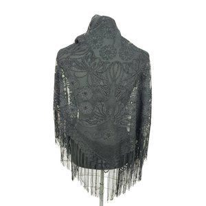 INC International Concepts Black Lace Fringe Floral Evening Shawl Wrap